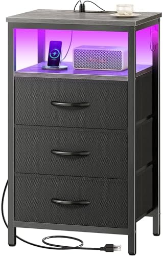 Huuger Night Stand with Charger Station and LED Lights, 3 Drawer Nightstand by Huuger