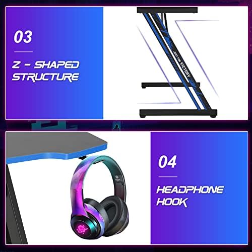 BestOffice Gmaing Desk Z Shaped 47 inch Gaming Workstation Ergonomic Gaming Table PC Computer Desk with Headphone Hook for Game Players, Blue - Image 7