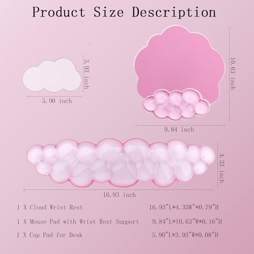 Gel Cloud Wrist Rest Keyboard Clear Pink Mouse Pad with Wrist Rest Set 3PCS Ergonomic Cool Keyboard Wrist Pad Cute Acrylic Coaster Non-Slip Base Cute Transparent Mouse Wrist Pad Support for Computer - Image 2