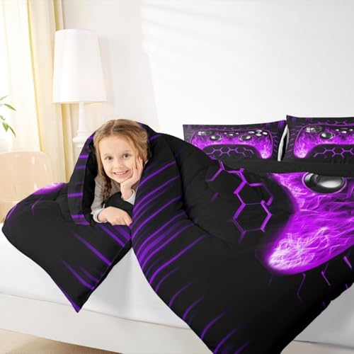 Erosebridal Honeycomb Gamer Kids Comforter Set Purple Neon Lights Game Console Toddler Bedding Sets for Boys Ombre Art Geometric Hexagon Beehive Duvet Set Gaming Decor for Boys Bedroom Decor - Image 4