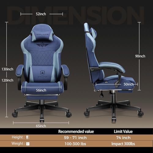 GTPLAYER Gaming Chair with Footrest, Big and Tall Game Chair High Back Computer Office Chair with Lumbar Support for Adults, Ergonomic Swivel Games Chair with Cushion Gaming, Fabric Blue - Image 2