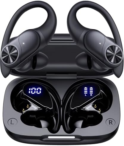 PocBuds Bluetooth Headphones Wireless Earbuds 80hrs Playtime Wireless Charging Case Digital Display Sports Ear Buds with Earhook Deep Bass IPX7 Waterproof Over-Ear Earphones for TV Phone Laptop Black by PocBuds