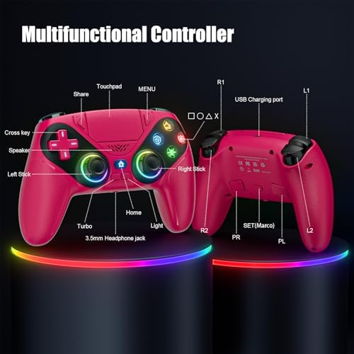Dinosoo RGB Wireless Gamepad for PS5/PC/Mobile – Bluetooth Controller with Turbo, Macro, Dual Vibration, 6-Axis Gyro, Audio Jack, Speaker, 1000mAh Battery (Red) - Image 3