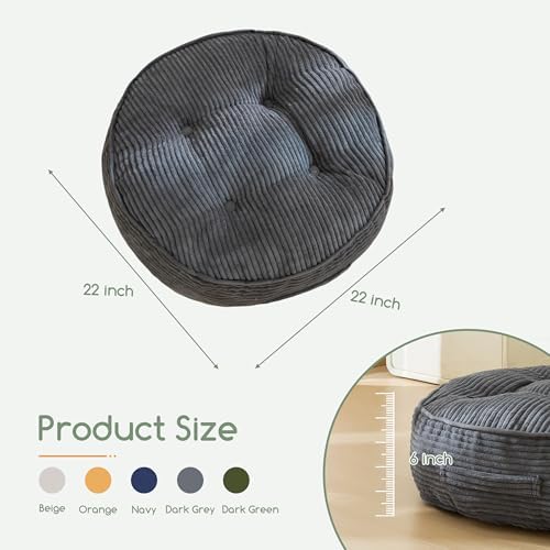 HIGOGOGO 6" Extra Thick Floor Pillow Cushion for Adults, Meditation Cushion Pillow, Large Round Floor Sitting, Tufted Corduroy Cover, for Tatami Living Room or Yoga, 22x22 Inch, 2Pack, Dark Grey - Image 2