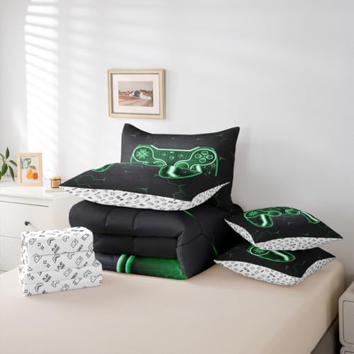 Feelyou Gamer Comforter Set with Sheets for Kids Boys Teens Game Controller Bed in a Bag Gaming Gifts 7 Piece Bedding Set Queen Size for All Season,Green Bed Set - Image 5