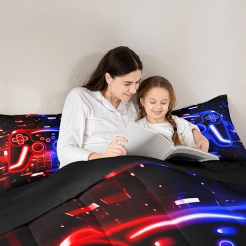 Gamer Comforter Set Gaming Girl Toddler Bedding Set, Neon Lights Video Game Console Comforter Red Blue Brick Cube Quilt,Gaming Room Decor for Boys - Image 4