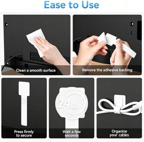 Black 50pcs+White 50pcs Cable Straps Hook and Loop Cable Ties - Cable Holder for Desk Cable Management Under Desk - Computer Cord Organizer for Home Office Gaming Setup （100pcs） - Image 5