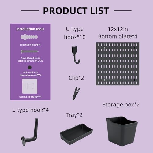 Pegboard Combination Wall Organizer Kit，4 Pegboards & 20 Accessories, Mount Display Pegboard Panel for Home Office, Gaming Room, Wall Storage,Crafts Organization,12''x12'' Each (Black) - Image 4