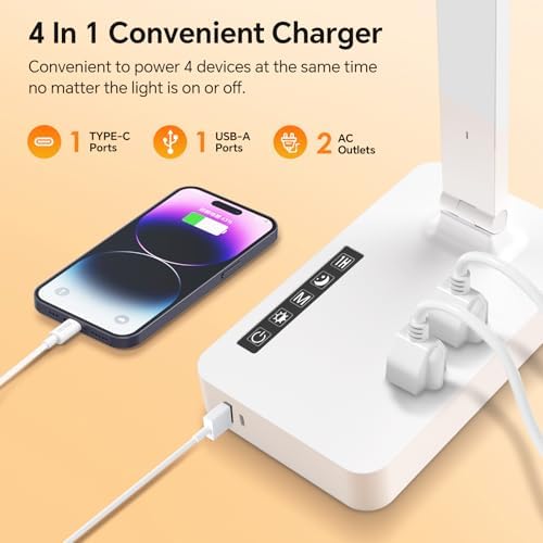 Desk Lamp with USB Charging Port: Table Lamp with Power Strip, Charging Station - 2 Outlets 1 USB-A Ports 1 Type-C Ports, Surge Protection, 5ft Extension Cord, 5 Color Modes 5 Brightness (White) - Image 2