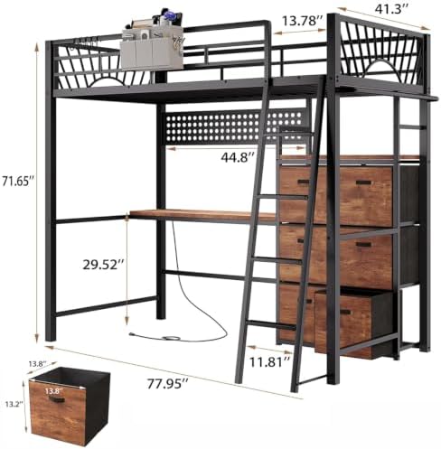 Decofy Twin Loft Bed with Desk and 6 Storage Drawers, Metal Loft Bed Twin Size with Charging Station & LED Lights, Bed Frame with Hanging Rod, Safety Ladder & Guardrail, Bedside Caddy for Kids, Teens - Image 2