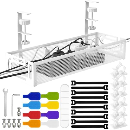No Drill Under Desk Cable Management Tray, SONATURE 15.7" Cord Organizer for Table, Clamp Mount Desk Cable Management, Premium Carbon Steel Cable Organizer for Office, Home (White) by SONATURE
