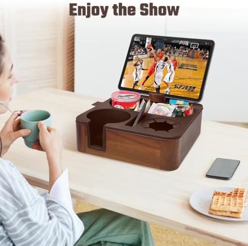 Couch Cup Holder Tray, Real Acacia Wooden Caddy with Soft Silicone, Snack and Drink Organizer- Perfect Movie Night Accessories for Bed, Remote and Cup Holders for Sofa (Coffee) - Image 6