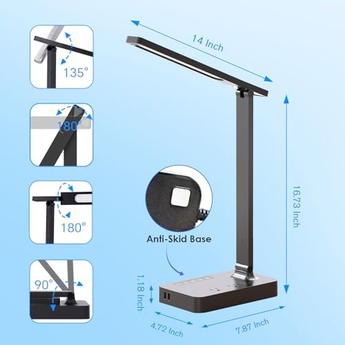 LED Desk Lamp with Power Strip: Table Lamp with Charging Station - 2 Outlets 1 USB-A Ports 1 Type-C Ports, Surge Protection, 5 Color Modes 5 Brightness for Home Office, College Dorm Room Essentials - Image 6