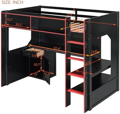 Merax Twin Size Gaming Loft Bed with Integrated Desk and Lights, Black+Red - Image 2