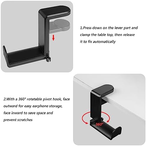 GEEKRIA Under Desk Headphone Stand, 360° Rotating Gaming Headset Hook Mount, Adjustable Headphone Holder Compatible with Bose Sony AKG JBL Sennheiser B&O (Black) - Image 3