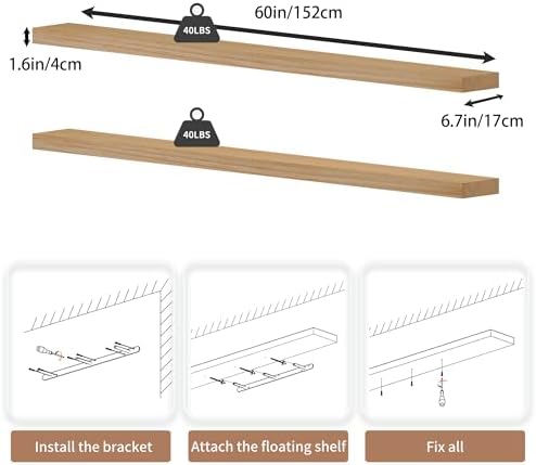 60 inch Long Floating Shelves for Wall,Solid Wood Long Shelves Set of 2,Natural Rustic Mounted Shelves for Bathroom Living Room (Natural, 60 Inch) - Image 2