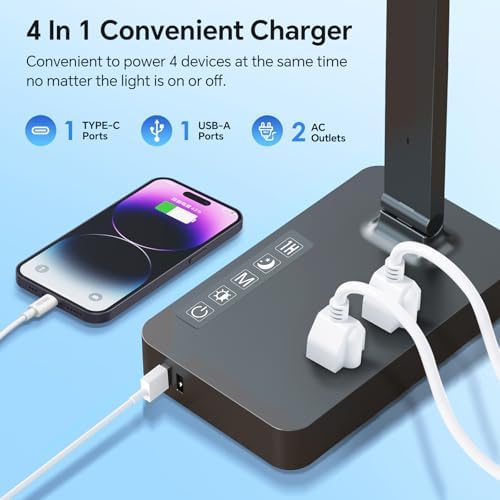 LED Desk Lamp with Power Strip: Table Lamp with Charging Station - 2 Outlets 1 USB-A Ports 1 Type-C Ports, Surge Protection, 5 Color Modes 5 Brightness for Home Office, College Dorm Room Essentials - Image 2