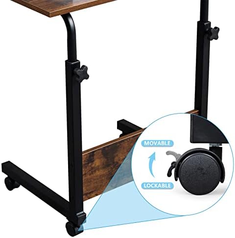 TV Tray Bed Side Table, Portable Rolling Desk Hospital Bed Laptop Table, Small Standing Desk with Wheels Adjustable Height for Sofa, Bedside, Tablet Use, Secure Non Tilt, 23.6" W, Brown - Image 6