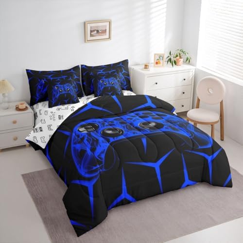 Feelyou Gamer Bedding Set Gamepad Comforter Set with Sheets 7 Piece for Boys Gaming Gifts Bed in a Bag King Game Controller Blue Bed Set with Comforter,Sheets,Cushion Covers - Image 2