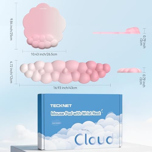 TECKNET Cloud Wrist Rest & Ergonomic Mouse Pad, Cloud Keyboard Wrist Rest with Non-Slip Base, PU Leather Memory Foam Wrist Pad for Keyboard and Mouse, Pain Relief for Typing, Gaming, Pink - Image 2