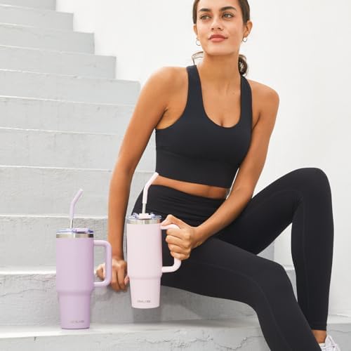 40 oz Tumbler with Handle and Straw Lid,Insulated Reusable Stainless Steel Water Bottle Travel Mug，Cupholder Friendly Double Wall Vacuum Sealed Cup (Lavender Purple) - Image 6