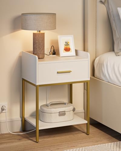 Masupu Nightstand with Charging Station,3-Tier Modern Bedside Night Stand with Storage Drawer and Shelf,Small End Side Table for Bedroom,Living Room,White - Image 6
