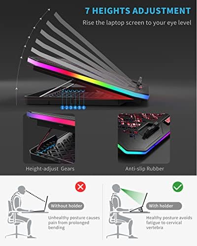 Laptop Cooling Pad, KeiBn RGB Lights Laptop Cooler 6 Fans for 15.6-17.3 Inch Laptops, 7 Height Stands, 10 Modes Light, 2 USB Ports, Desk or Lap Use (A8,Red) - Image 4