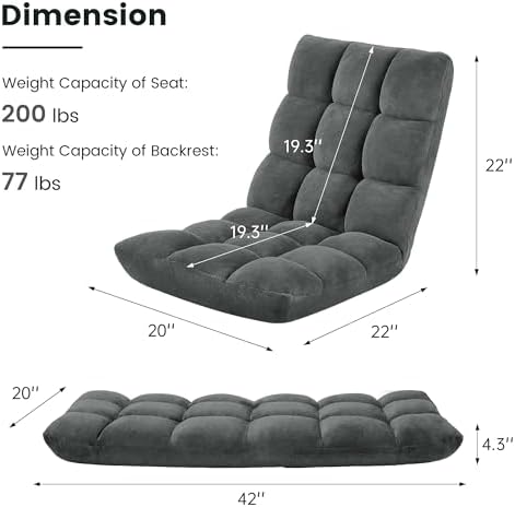 Murago Floor Chair with Back Support, 14 Adjustable Position, Dark Grey | Japanese Meditation Folding Floor Seating, Gaming Chair Recliner with Comfy Cushion, for Adults, Living Room - Image 3