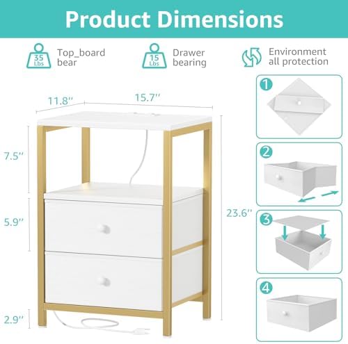 BOLUO Nightstand with Charging Station, LED Night Stand with 2 Fabric Drawers, Bedside Table with USB Ports and Outlets, Nightstand for Bedroom Modern - Image 3