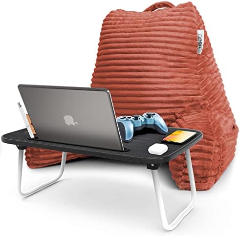 Nestl Misty Rose Reading Pillow with Bed Desk for Laptop and Writing, Luxe Cut Plush Back Pillow for Sitting Up, Back and Arms Adjustable Support for Adult and Teens, Foldable Lap Desk for Bed 22x14” by Nestl