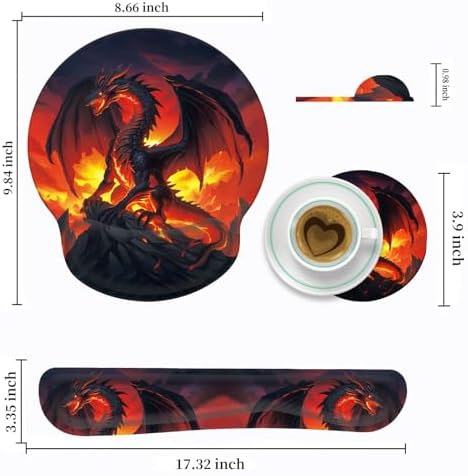 Keyboard Wrist Rest and Mouse Pad Wrist Support Set with Coasters,Ergonomic Gaming Mousepad for Home Office Working Studying Easy Typing & Pain Relief,Fire Dragon - Image 2