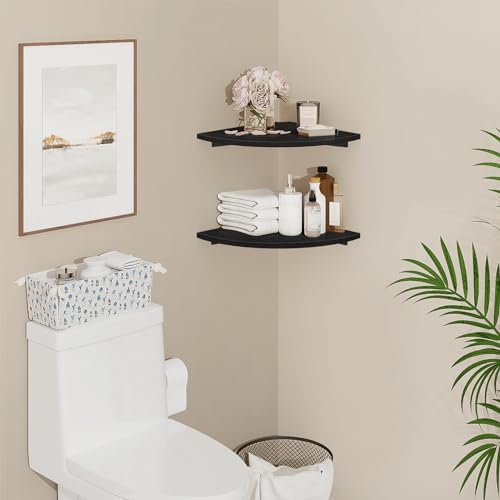 Homode Corner Floating Shelves, 12" Deep Corner Shelves Wall Mounted with Cord Hole, 2 Tier Curved Corner Hanging Shelving for Wall Storage, for Cable Box, TV Cords, Books, Plants, Black - Image 2