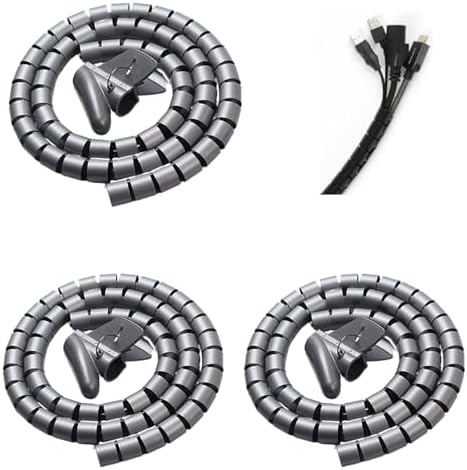 Spiral Cable Wrap with Clip,Dia.25mm Desk Cable Organizer Spiral for Wire Management,4.9Ft Flexible Wire Organizer with Wire Grip- Keep Office Cords Neat, Tangle-Free and Protected,Silver 3 Packs by Fogun