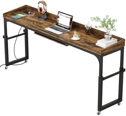 LITTLE TREE Overbed Table with Wheels Adjustable Height, Rolling Table with Outlets & USB Ports for Queen Bed, Giant Adjustable Over the Bed Desk with Tilt Stand, Brown - Image 5