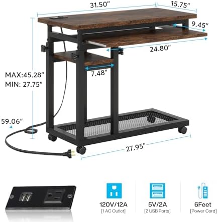 Tribesigns Small Portable Desk with Power Outlet, Height Adjustable Sofa Couch Bedside Laptop Table with Wheels, Mobile Standing Desk Rolling Computer Cart C Side Table with USB Ports - Image 2