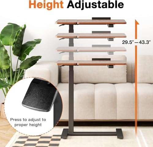 Simple Deluxe Standing Rolling Desk with Hidden Casters, Height Adjustable Pneumatic Mobile Laptop Desk, Tilting Bedside Table for Laptop, Overbed Bedside Table Hospital Home Use, Brown - Image 4