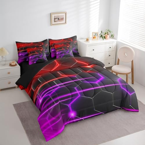 Feelyou Honeycomb Bedding Set Geometrical King Comforter Set with Sheets for Kids Boys Girls Teens Room Decor Modern Hexagon Theme Bed in a Bag 7 Piece Beehive Red Purple Bed Set - Image 3