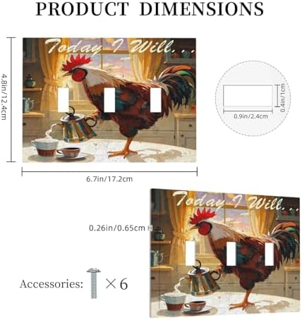 Decorative Light Switch Cover Plate Vintage Funny Chicken Rooster 3 Gang Wall Plate Triple Toggle Switch Plate Covers 3 Hole Electrical Switchplate Dimmer Faceplate for Kitchen Decor - Image 5