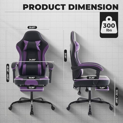 Gaming Desk Chair for Adults, Ergonomic Gaming Chair (Purple+Black) | with Footrest & Headrest and Lumbar Support, Leather Material Height Adjustable computer Video Game Chairs - Image 3