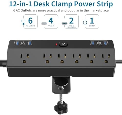 Desk Clamp Power Strip with 40W Fast Charging Station, JXGUCAT 10ft Flat Plug Power Strip Surge Protector, 2 USB-C Ports, 6 AC Outlets, Fit 2.48" Tabletop Edge, Home Office Desk Accessories Essentials - Image 2
