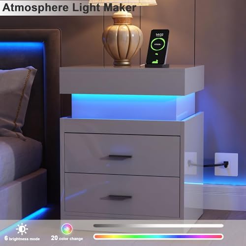 ChooChoo LED Nightstand Set of 2,Smart Night Standwith Charging Station and Sliding Top Storage, White - Image 7
