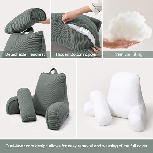 Sit Up Reading Pillow, Backrest Pillow with Arms, Corduroy Back Support Cushion with Side Pockets & Washable Cover, Bed Rest Support for Sofa Couch Floor Relax, Peacock Blue - Image 6