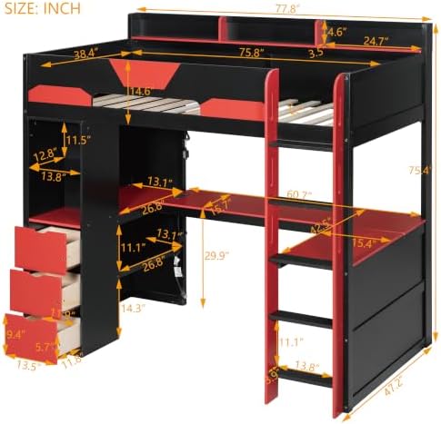 Merax Twin Size Wood Gaming Loft Bed with U-Shaped Desk, Lights & USB Ports - Image 2
