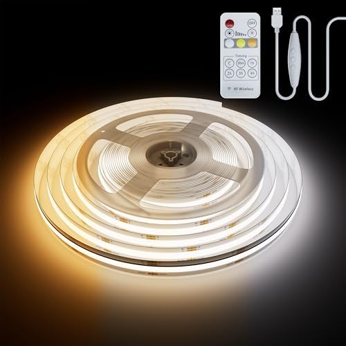 PAUTIX 5V USB CCT Tunable COB LED Strip Lights 6.56ft/2m,1280LEDs 1200lm 2700K-6500K Dimmable CRI85+ with RF Remote TV Backlight,Flexible Under Cabinet Tape Light for Bedroom,Kitchen,Home DIY Lighting by PAUTIX