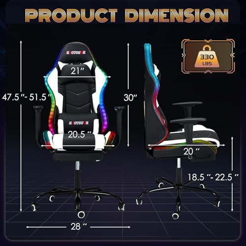 ECOTOUGE Racing Style RGB LED Lights Gaming Chair with Footrest | Video Game Chair for Adults and Kids, Lumbar Massage, High Back Reclining Computer Chair with Headrest, Black&White - Image 3