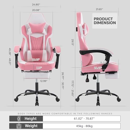 Leather Ergonomic Gaming Chair with Footrest, Cute Pink Gaming Chair with Comfortable Headrest & Lumbar Support for Adults Women Girls, Comfy, 300 LBS Capacity (Pink) - Image 3