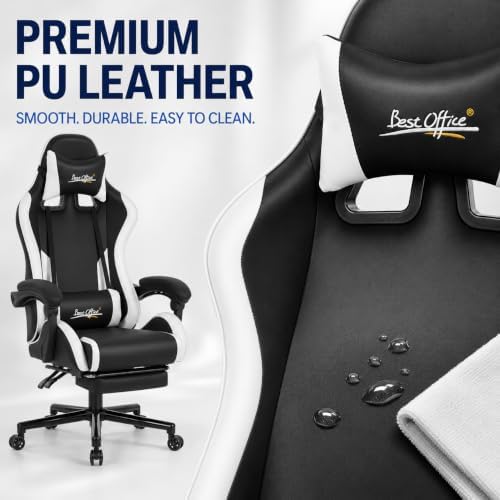 Gaming Chair Office Chair Desk Chair with Footrest Lumbar Support Headrest Armrest Task Rolling Swivel Ergonomic E-Sports Adjustable PC Gamer Chair (White) - Image 4