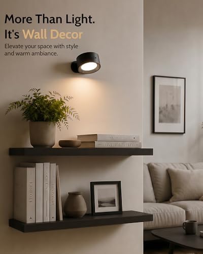 LED Wall Mounted Lights, Rechargeable Wall Sconces, 3 Color Temps, Remote & Touch, 360° Rotating and Dimmable for Bedroom, Bedside & Reading (Black, 2 Pack) - Image 2