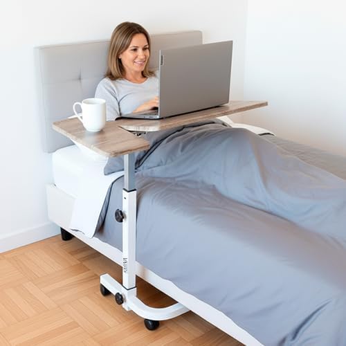 KMINA Overbed Table with Wheels, Tilting Hospital Bed Table, Wood - Image 2