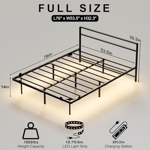 AGXI Full Size Bed Frame with Headboard, 14 Inch Floating Bed with Smart LED Lights and USB Charging Station, Easy Assembly, No Box Spring Needed - Image 2